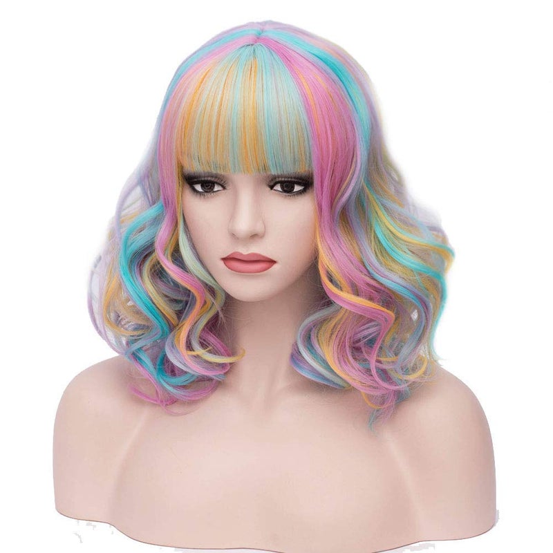 BERON Rainbow Wig Short Curly Wig Women Girl's Synthetic Wigs Rainbow Wigs with Bangs Hairnet Included - Image 3